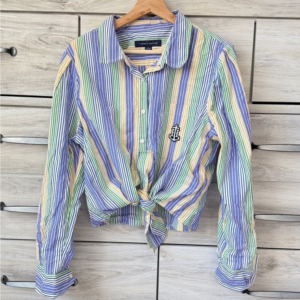 Tommy Hilfiger Women's Cotton Striped Tied Roll-Tab Shirt Marina Blue Multi XL